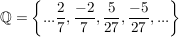 $ \IQ = \left\{... \bruch{2}{7}, \bruch{-2}{7}, \bruch{5}{27}, \bruch{-5}{27}, ...\right\} $